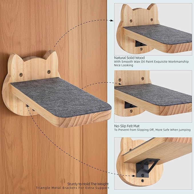 ESPETS Natural Solid Wood Cat Wall Floating Steps Set of 3 - Wall Mounted Wooden Cat Climbing Shelves and Perches, Kittty Stairs Ladder - Easy Install, Holds up 30lbs-PurrikoPets