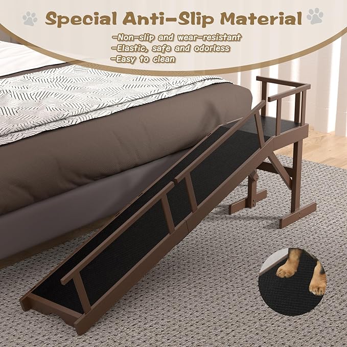 61" Dog Ramp for Bed, Pet Ramp with Removable Side Rail and Non-Slip Surface, Pet Ramp for Small & Large & Senior Dogs with Rest Platform and DIY Glow Strips,Dog Stairs for Couch, Brown-PurrikoPets