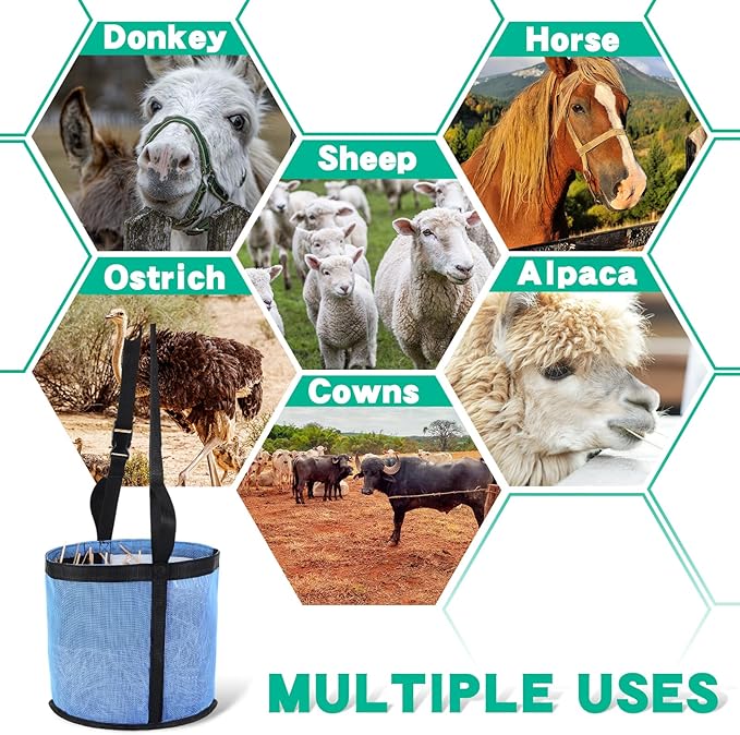 2 Pcs Horses Feed Horse Bag for Grain Hay Bags Heavy Duty Mesh Horse Feeder with Adjustable Strap Comfort Neck Pad Nose Pad and Waterproof Bottom Muzzle(Blue)-PurrikoPets