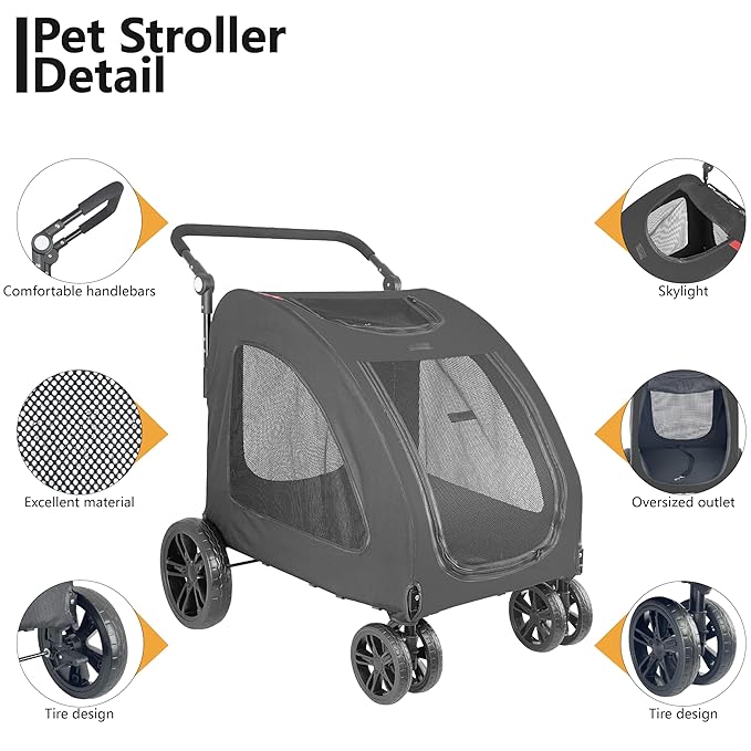 Extra Large Dog Stroller for Medium & Large Pets - Foldable Design, Adjustable Handle, Up to 130 lbs(Black)-PurrikoPets