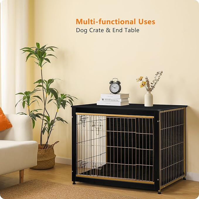 DWANTON Dog Crate Furniture with Cushion, Wooden Kennel Table with Double Doors, Indoor Dog House, Large Size, 38.5" L, Black+Gold-PurrikoPets