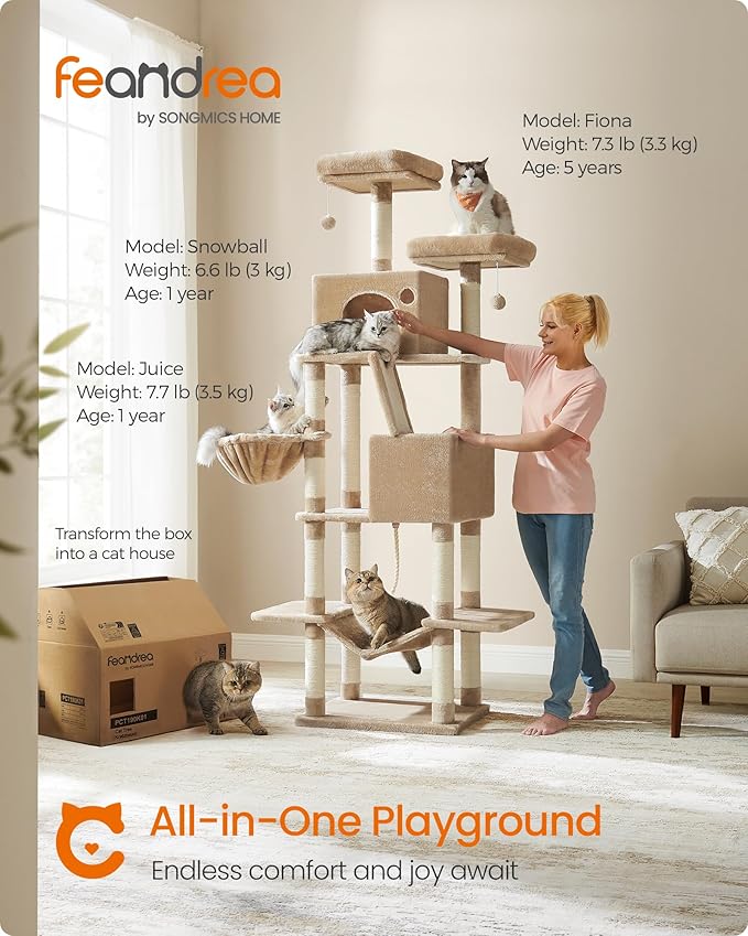 Feandrea Cat Tree, 81.1-Inch Large Cat Tower with 13 Scratching Posts, 2 Perches, 2 Caves, Basket, Hammock, Pompoms, Multi-Level Plush Cat Condo for Indoor Cats, Camel Brown UPCT190K01-PurrikoPets