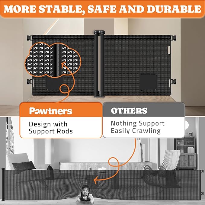 2-in-1 Retractable Baby Gates, 41" Tall Mesh Dog Gate with Cat Door 1-Pack, One Side Up to 71" Wide, Total 142" Wide, Long Retractable Pet Gate for Stairs Landing Indoor Outdoor-Black-PurrikoPets