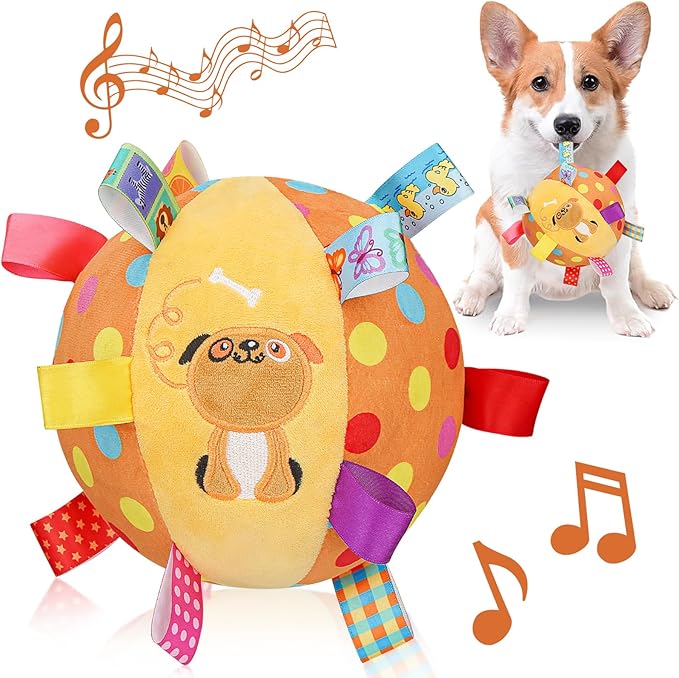 Dog Squeaky Plush Toy with Straps, 6-Inch Soft Stuffed Ball with Cotton Material and Bell Built-in, Pet Interactive Fetch Toy for Small to Large Dog-PurrikoPets