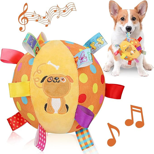 Dog Squeaky Plush Toy with Straps, 6-Inch Soft Stuffed Ball with Cotton Material and Bell Built-in, Pet Interactive Fetch Toy for Small to Large Dog-PurrikoPets