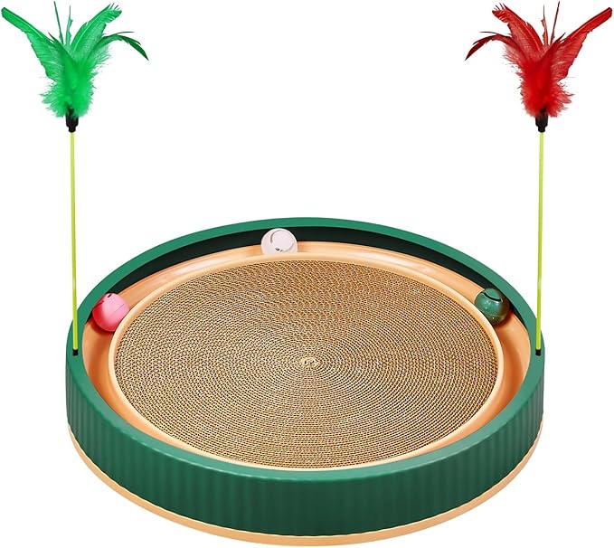 20-Inch Round Cat Scratcher with Ball Track – 3-in-1 Cardboard Scratching Pad with Feather Toy & Non-Slip Base – Interactive Cat Toy for Indoor Cats, Kittens & Large Cats (Green)-PurrikoPets