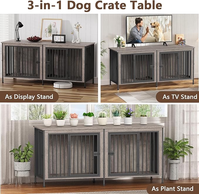 EasyCom 78 Inch Dog Cage Furniture for 2 Pets with Divider, XXL Wooden Double Dog Crate Furniture TV Stand for Mideum and Large Breed, Durable and Sturdy-PurrikoPets
