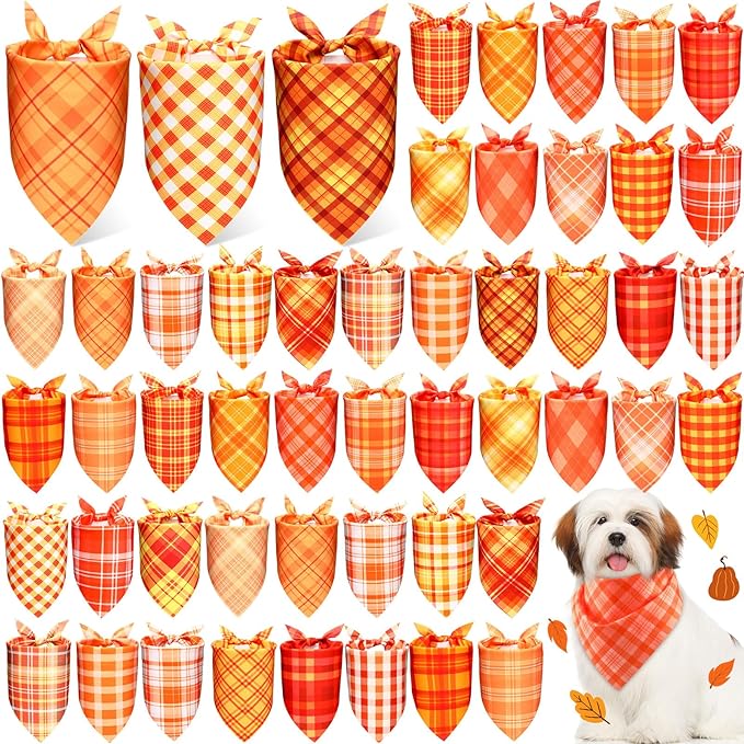 Abbylike 50 Pcs Fall Dog Bandanas Bulk Plaid Bandanas for Dogs Autumn Doggie Triangle Kerchief Scarf Bibs Set for Autumn Small Medium Large Pets Costume Accessories (19.7 x 13.8 x 13.8 Inch)-PurrikoPets