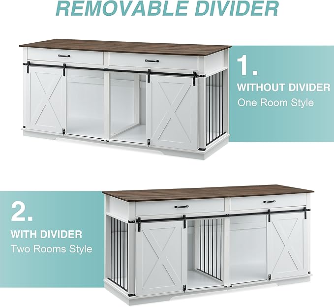 EDYO LIVING 72.5" Large Dog Crate Furniture for 2 Dogs, Wooden Dog Kennel with Drawers, Divider, Sliding Barn Door, Water Resistant Indoor Furniture Style Double Dog Crates, White-PurrikoPets