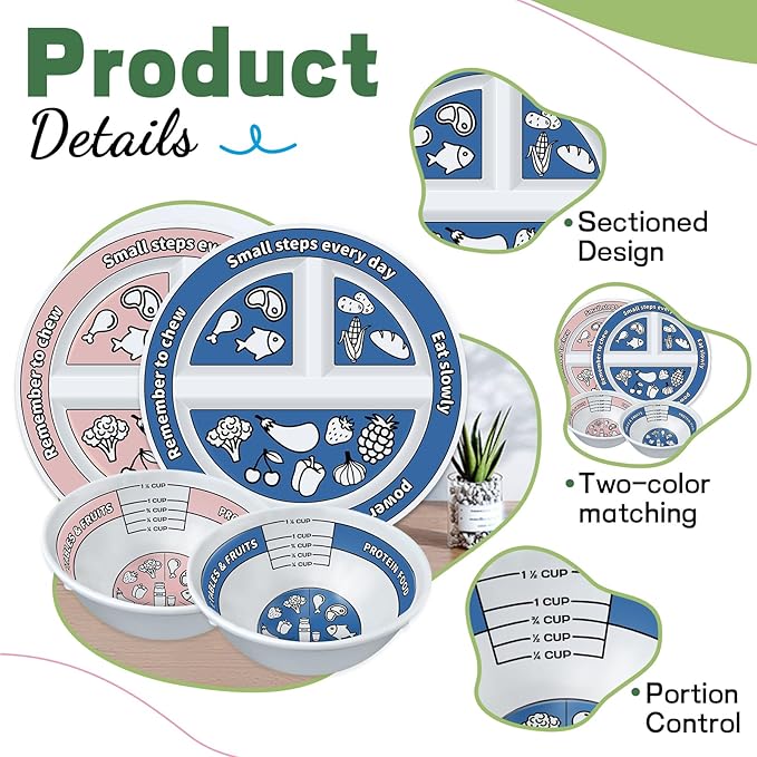 4 Pcs Portion Control Plates & Bowls Set (2 Plates + 2 Bowls, 9 Inch) - Self-Measuring for Weight Loss, Gastric Bypass, LapBand, Diabetes & Healthy Diets, Pink & Blue, for Adults & Children-PurrikoPets