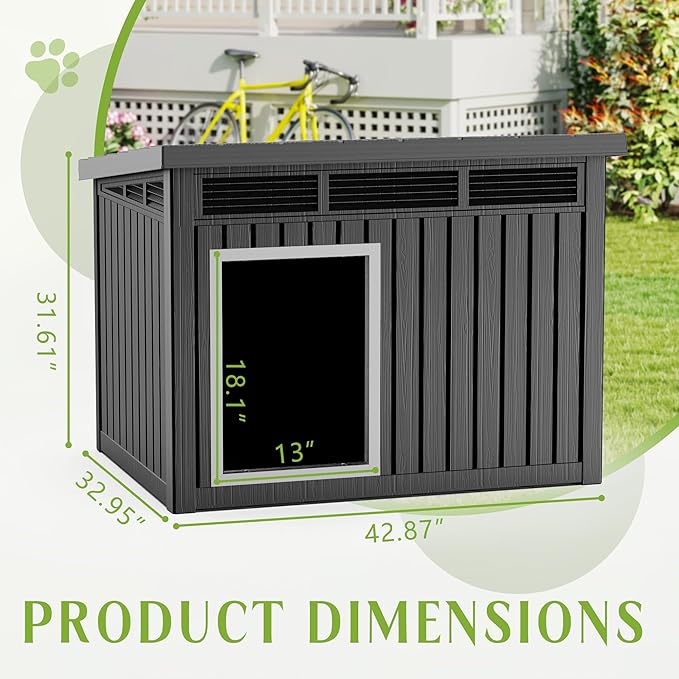 Dog House Indoor Outdoor,Resin Waterproof Puppy Shelter with Air Vents and Elevated Floor,Air Rod on Top to Open,Dog Kennel for Small to Large Dogs(Black,42.87 * 32.95 * 31.61)-PurrikoPets