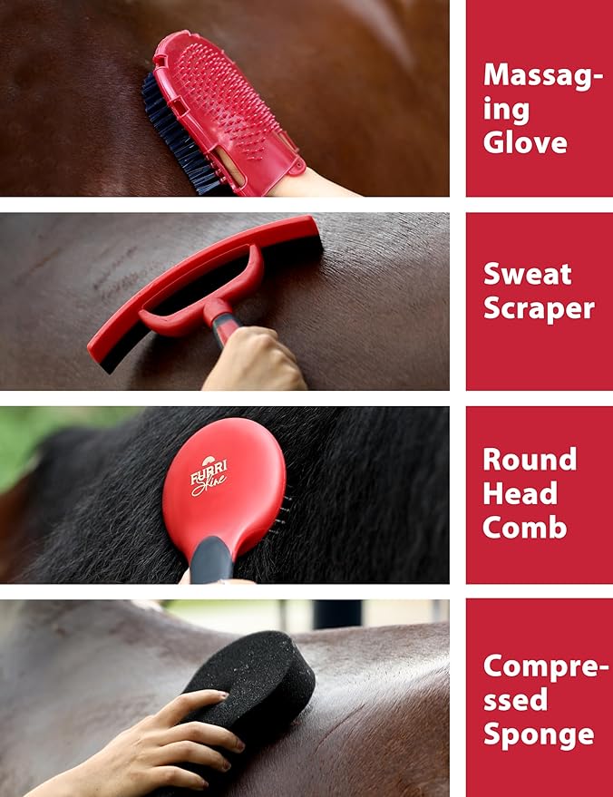 11PCS Horse Grooming Kit Curry Comb Sweat Scraper Horse Bathing Supplies Grooming Tools with Storage Bag Shadowberry-PurrikoPets