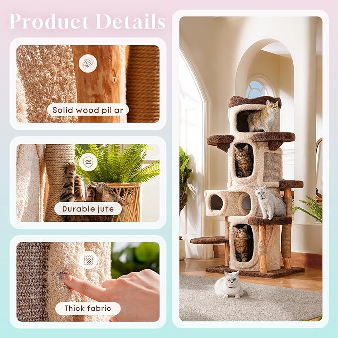 70" Heavy Duty Cat Tree for Large Cats with Toys, All-in-One Cat Tower with Cat Perch, Tall Cat Tower with Scratching Post, Brown Modern Cat House-PurrikoPets