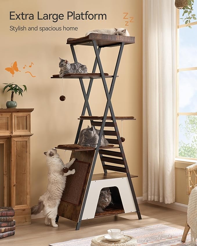 FourFurPets 72.4" Modern Cat Tower for Indoor Cats - Multi-Level Condo With Caves, Tall Tree With Scratching Board, Wooden Tower With Large Perch, Removable Pads, Rustic Brown-PurrikoPets