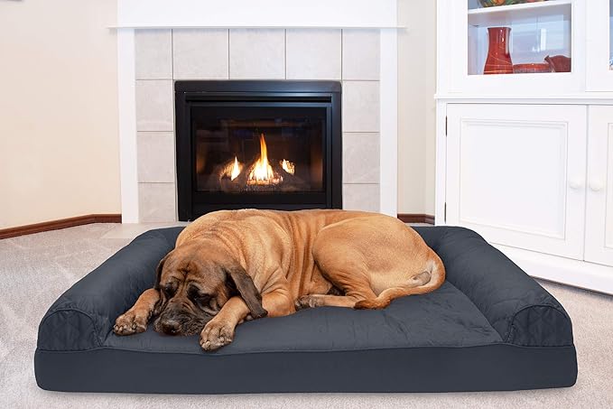 Furhaven Cooling Gel Dog Bed for Large Dogs w/ Removable Bolsters & Washable Cover, For Dogs Up to 125 lbs - Quilted Sofa - Iron Gray, Jumbo Plus/XXL-PurrikoPets