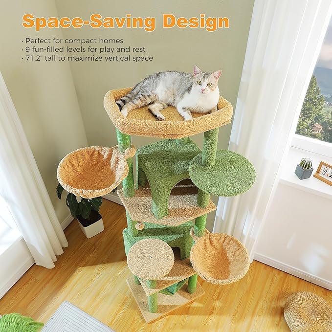 71.2" Large Cat Tree for Multi-Cat Households - 9-Level Cat Tower w/5 Sisal Scratching Posts, 2 Condos, Soft Hammock, Top Perch & Pom Poms - Heavy-Duty Space-Saving Design, Cactus Green-PurrikoPets