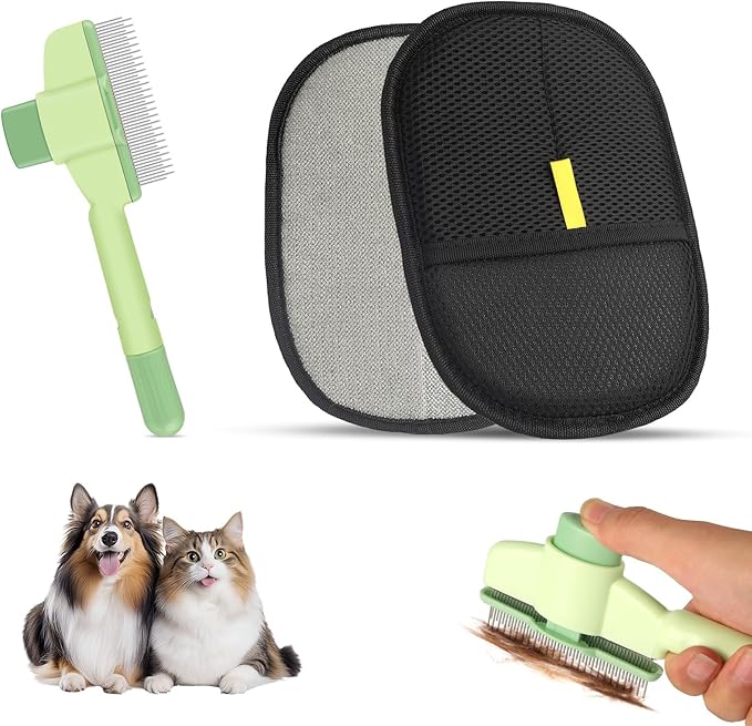 Flea Comb and Pet Hair Removal Glove for Cats & Dogs Brush for Shedding Pet Hair Removal Comb with Long & Short Stainless Steel Teeth for Deshedding & Clothing/Couch/Furniture/Carpet/Car Seat-PurrikoPets
