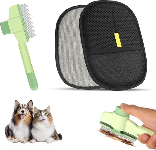 Flea Comb and Pet Hair Removal Glove for Cats & Dogs Brush for Shedding Pet Hair Removal Comb with Long & Short Stainless Steel Teeth for Deshedding & Clothing/Couch/Furniture/Carpet/Car Seat-PurrikoPets