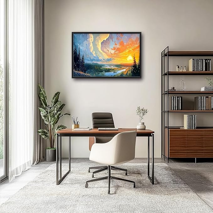 Framed Large Sunrise Wall Art for Living Room, Oversized Sunrise Wall Decor Forest Lake Landscape Canvas Print Natural Picture Home Decoration for Bedroom Living Room Office 36"x24"-PurrikoPets