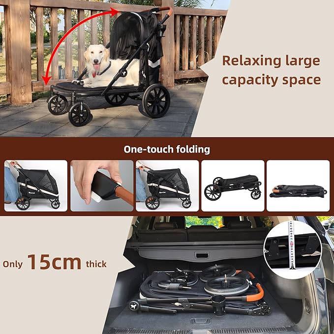 Dog Stroller for Large Dogs One-Click Folding 4 Wheel Foldable Dog Stroller for 2 Dogs with Storage Pocket Suitable for Pets Up to 110LBS (Black, Large)-PurrikoPets