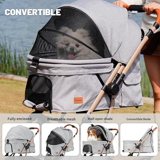 EchoSmile Small Medium Dogs Stroller 4-Wheel Pet Strollers for Medium Dogs Up to 50lbs, One Click Folding Large Cat Stroller, Reversible Handle, Shock Absorbing Wheels, Removable Washable Pad-PurrikoPets