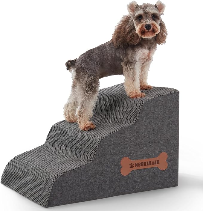 Dog Stairs 3-Step for Small Dogs and Cats to Get on Bed and Furniture/Windows, Pets Can Climb, Sit, or Perch to Look Out Windows, Extra Wide Dog Steps, Non-Slip Waterproof Fabric Cover, Grey（15.7" H）-PurrikoPets