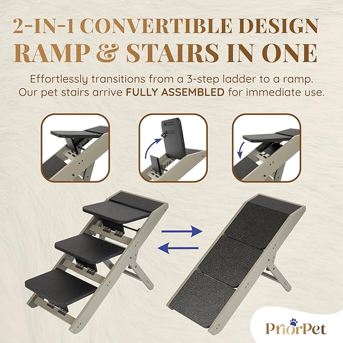 Dog Steps for Bed & Couch 2-in-1 Dog Stairs/Ramp - Height Adjustable Dog Ramp for Couch 7” - 20” - Pet Stairs, Dog Stairs for Small Dogs - Easy to Move Pet Steps with Landing Platform, Gray-PurrikoPets