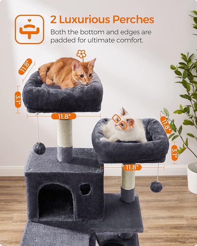 Feandrea Cat Tree, 66.1-Inch Large Cat Tower with 13 Scratching Posts, 2 Perches, 2 Caves, Basket, Hammock, Pompoms, Multi-Level Plush Cat Condo for Indoor Cats, Smoky Gray UPCT165G01-PurrikoPets