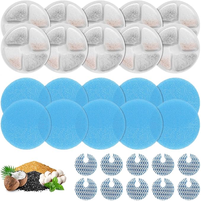 10 Set Cat Water Fountain Filters for 2L/67oz Round Stainless Steel Pet Water Fountain, ZEKIRY Pet Water Fountain Filters, Triple Filtration Replacement Filters(10 Filter, 10 Sponge, 10 8D Sponge)-PurrikoPets