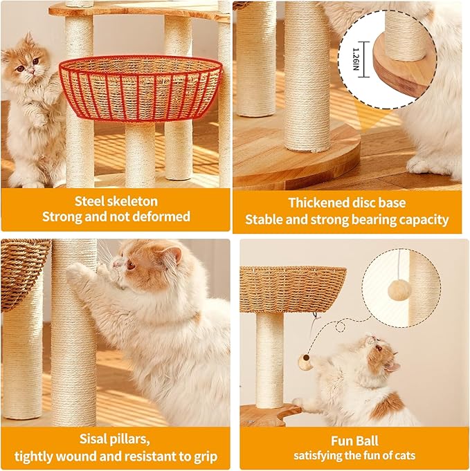 54" Modern Cat Tree Tower for Indoor Cats, Oak Cat Scratching Tree for Multiple Large Cats, Manual Hand Woven Luxury Cat Condo, Unique High-end Design Cat Furniture Activity Centre, Easy Clean-PurrikoPets