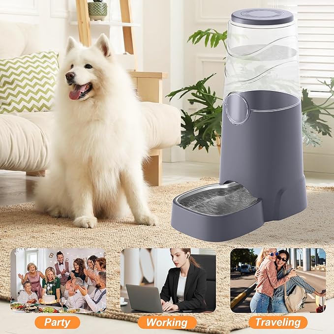 8L Automatic Pet Waterer,Gravity Stainless Steel Water Feeder,Gravity Pet Water Dispenser,Large Capacity Waterer with Stainless Steel Bowl for Medium and Large-Sized Cats and Dogs(8L,Grey)-PurrikoPets