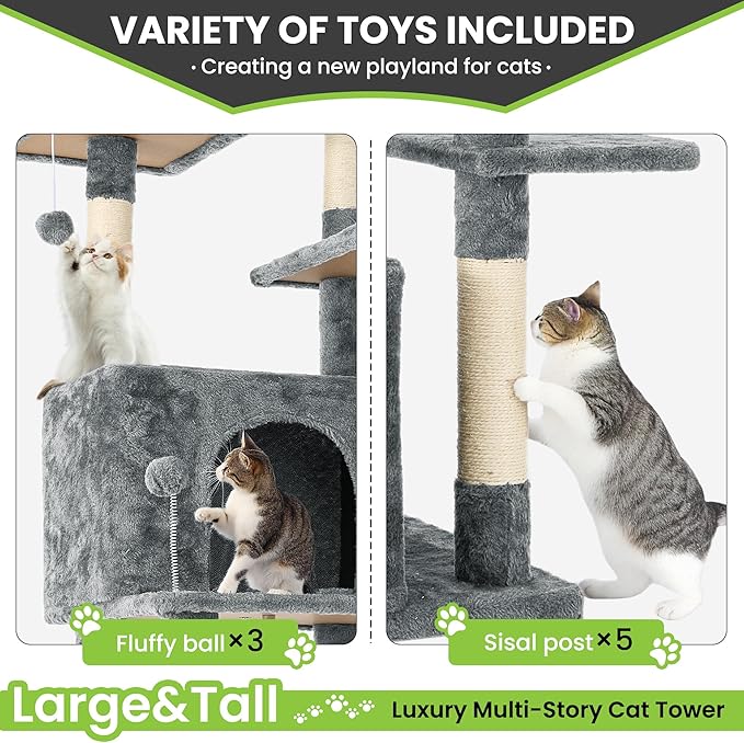 69in Large Cat Tree Tower for Indoor Cats with Soft Plush Hang Ball, Two Condos, Sisal Scratch Posts & Rope Play for Kittens/Adult Cats, Grey-PurrikoPets