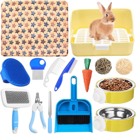 15 Pcs Rabbit Starter Kit Small Rabbit Litter Box Animal Grooming Kit Bunny Toys Bowl Blankets with Cleaning Set for Guinea Pig Accessories(Blue)-PurrikoPets