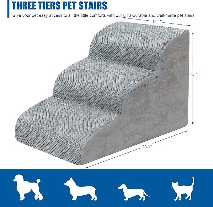 Dog Stairs for Small Dogs - High Density Foam Dog Ramp, Extra Wide Pet Steps with Non-Slip Bottom for High Beds, Couche and Sofa, Best for Dogs Injured, Older Doggy Cats (Grey, 3 Steps)-PurrikoPets
