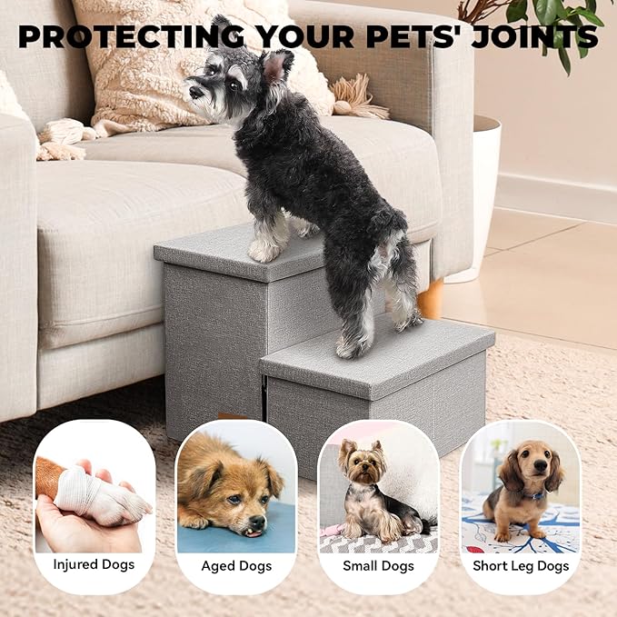Dog Stairs with Storage 12" H, 2-Step Wider Dog Steps for Dogs Cats, Folding Sturdy Pet Stairs Climbing Sofa Couch, Ramp for Car Hold Up to 150 lbs (Gray, No Condo)-PurrikoPets