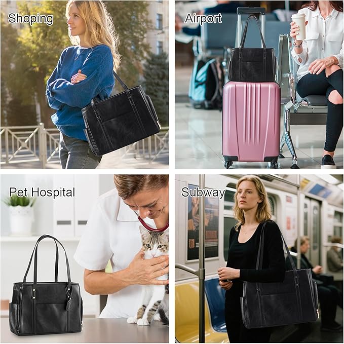 Fashion Dog Carrier Purse, Premium Leather Cat Carrier Bag, Airline Approved Soft Sided Pet Travel Tote Bag with Pockets Black-PurrikoPets