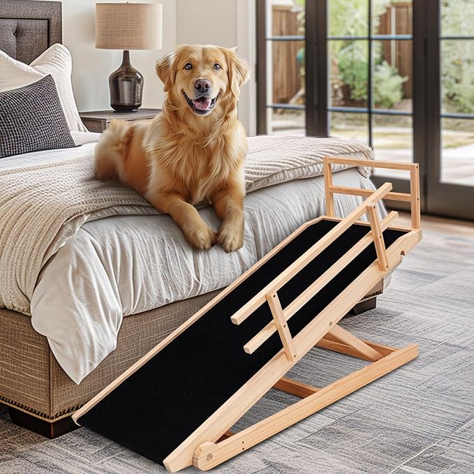 Dog Ramp, 5 Level Adjustable Wooden Folding Pet Ramp for Middle Bed, Couch,SUV-High Traction, Portable Paw Ramps for Small & Large Old Dogs & Cats - Furniture Quality-PurrikoPets