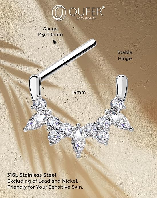 OUFER 2PCS Shield Nipple Rings for Women, 316L Surgical Steel Nipple Piercing Jewelry, Clear CZ Clicker Body Piercing Jewelry Barbells-14mm