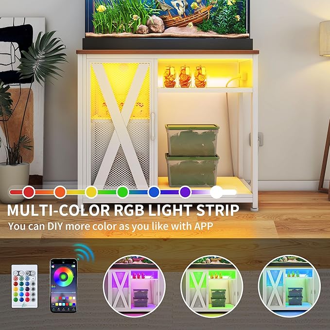 DWVO 40-50 Gallon Aquarium Stand with Power Outlets & LED Light, Cabinet for Fish Tank Accessories Storage - Metal Fish Tank Stand Suitable for Turtle Tank, Reptile Terrarium, 660LBS Capacity, White-PurrikoPets