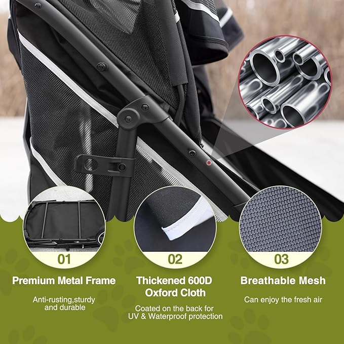 Dog Stroller for Medium/Large Dogs One-Click Folding, Extra Large Pet Stroller for 2 Dogs with Storage Pocket & Shock Absorption, Up to 130 lbs, Grey-PurrikoPets