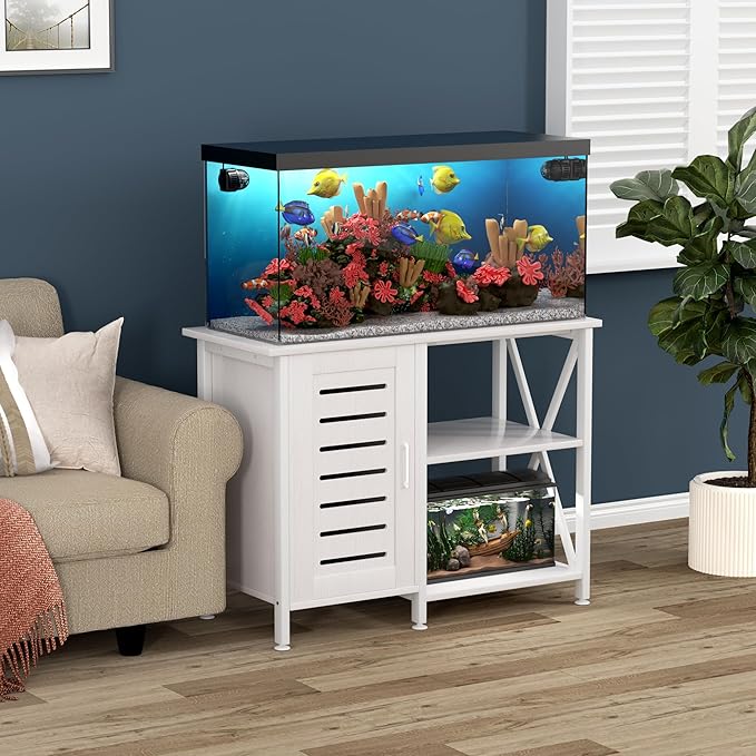 40-50 Gallon Fish Tank Stand, Aquarium Stand with Cabinet Accessories Storage, Heavy Duty Metal Frame, 40.55" L*18.89" W Tabletop, 850LBS Capacity, White PG02YGW-PurrikoPets