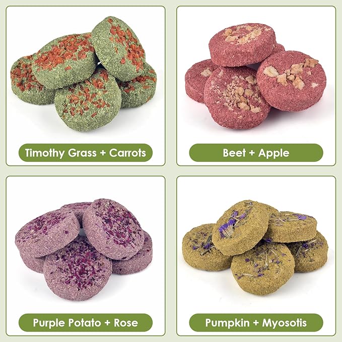 ERKOON 24Pcs Bunny Chew Toys, Small Animal Molar Toys Timothy Grass Beet Sweet Potato Pumpkin Cake Treats for Guinea Pig Hamster Bunny Chinchilla Gerbil, 100% Natural Rabbit Chews and Treats-PurrikoPets