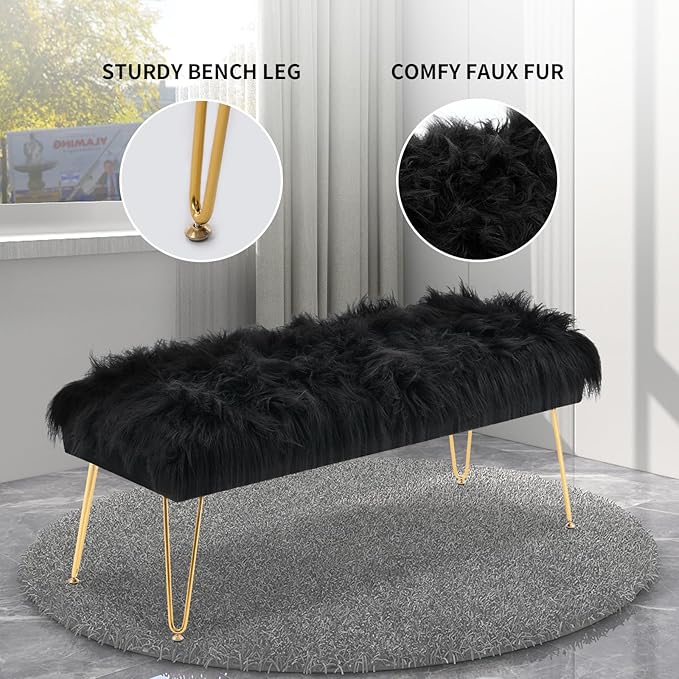 42.5 Inch Black Bedroom Bench, Benches for Bedroom White Faux Fur Upholstered Bed end Bench, Tufting Ottoman Bench Indoor Bench with Metal Legs for Living Room Bedroom Entryway, Black-PurrikoPets