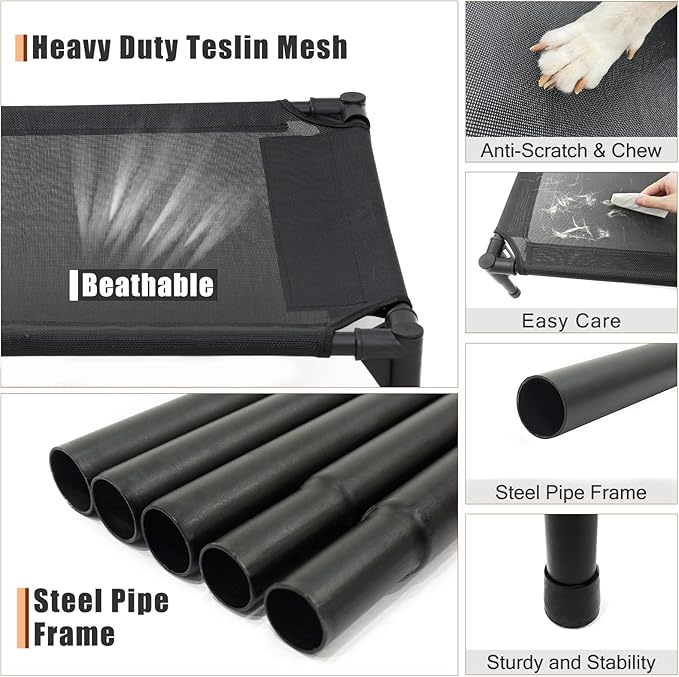 Elevated Dog Bed for Large Dogs, Raised Dog Cot Fits Up to 120 LBs, Heavy Duty Pet Cots with Durable Supportive Teslin Recyclable Washable Mesh, Indoor & Outdoor Pet Bed, Black-PurrikoPets