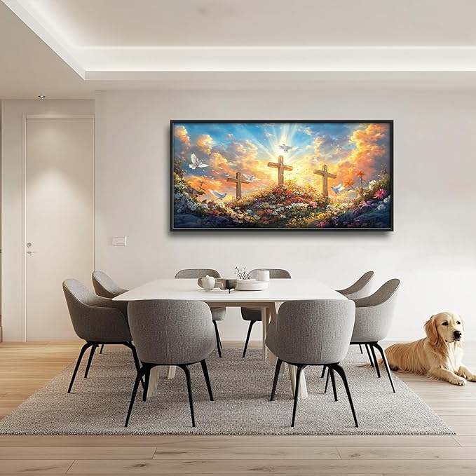 Framed Large Christian Jesus Wall Art, Oversized Floral Dove Wall Decor for Living Room, Landscape Canvas Painting Peaceful Pictures Modern Artwork for Living Room Bedroom Office 60"x30"-PurrikoPets