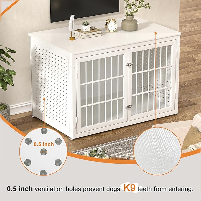 48" Heavy Duty Dog Crate Furniture for Large Dogs, Metal Cage for High Anxiety Dogs, Wooden Kennel Furniture Indoor, Decorative Dog Kennel End Table, XL,White-PurrikoPets