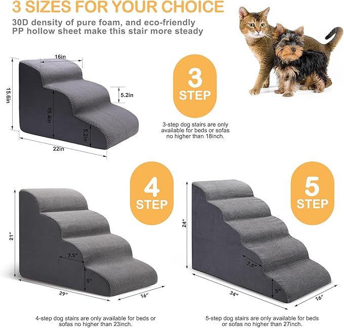 Dog Stairs for Bed, 5 Tier Dog Steps for Couch and High Bed, Non-Slip Pet Stairs, 24" High Sofa Foam Ramp - Best for Small Pets, Older Cats with Joint Pain-PurrikoPets