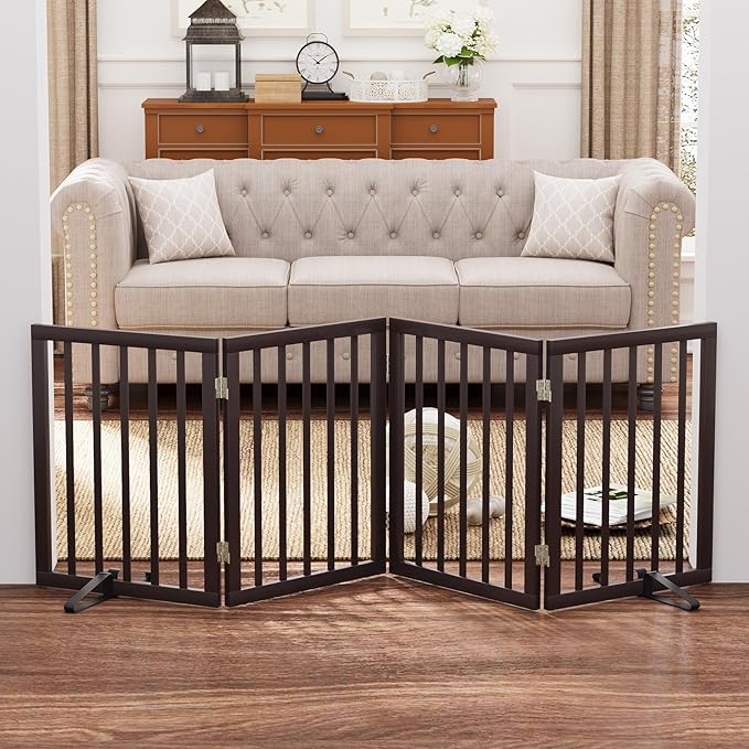 Freestanding Dog Gate Folding Brown Dog Gates for The House Doorways Stairs Pet Gates for Dogs, Doogie Puppy Fence Gate-PurrikoPets