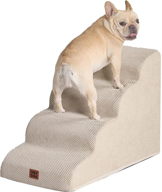 EHEYCIGA Curved Dog Stairs Ramp for High Beds 19.7" H, 4-Step Dog Steps for Small Dogs and Cats, Pet Stairs for High Bed Climbing, Non-Slip Balanced Pet Step Indoor, Beige-PurrikoPets