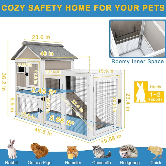 48" L Rabbit Hutch Outdoor Indoor Bunny Hutch Weatherproof, 2-Story Wood Rabbit Cage with Deep Tray, Chew-Resistant Ramp, UV Roof, Bunny House for Small Animal, Expandable Guinea Pig Cage-PurrikoPets